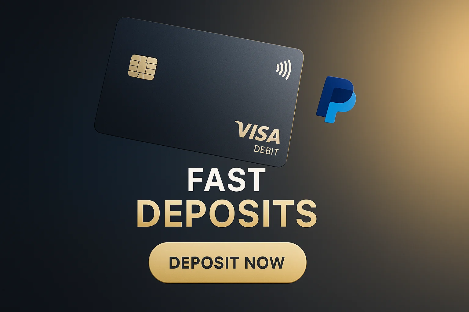 Photorealistic sports betting banner with fast deposits text and gold CTA button