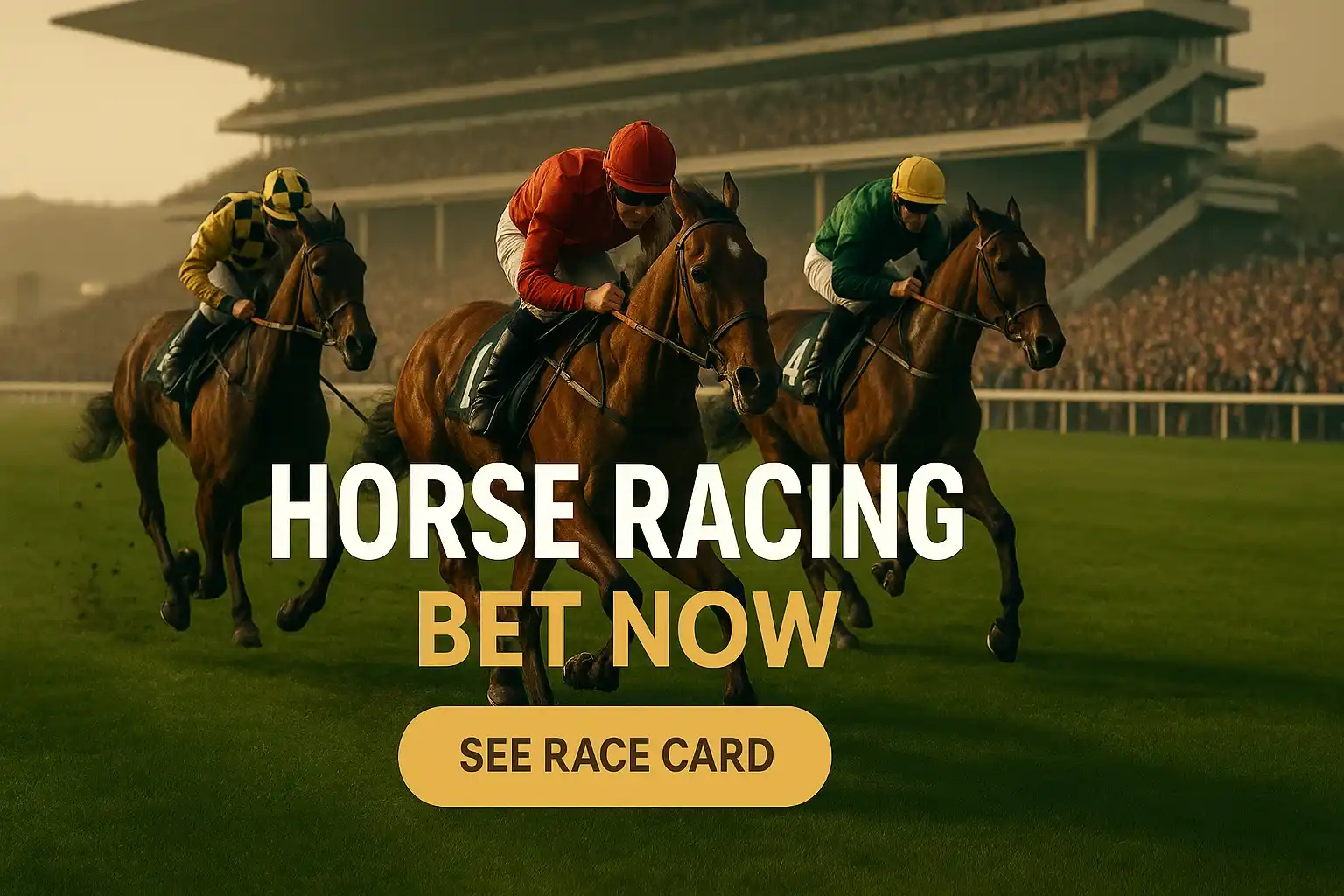 Wide Cheltenham horse racing banner with three thoroughbreds and bold betting text