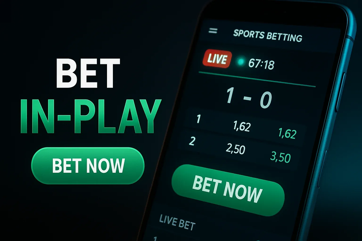 Photorealistic in-play betting banner with smartphone live odds and CTA