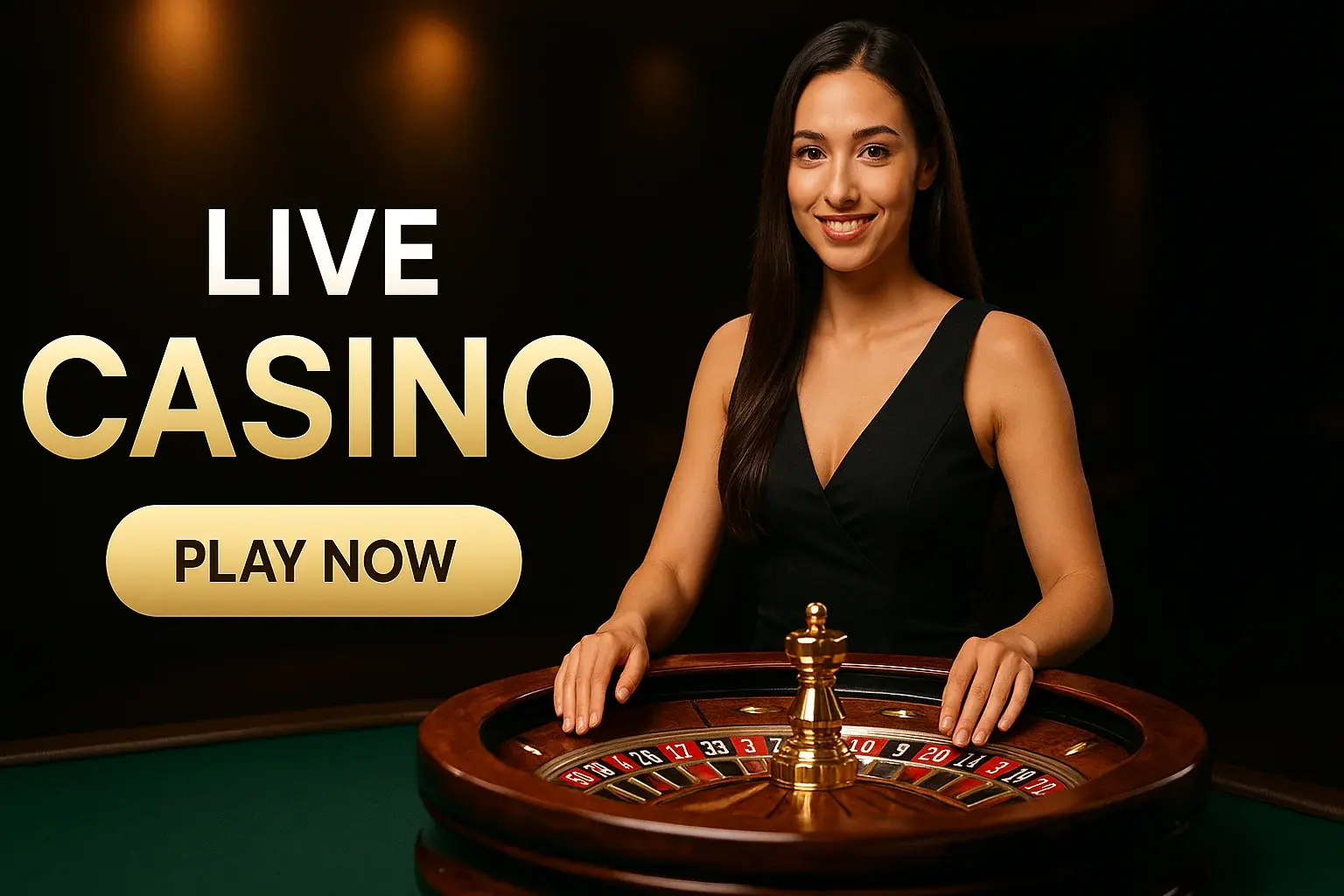 Female croupier with roulette wheel on luxury live casino banner