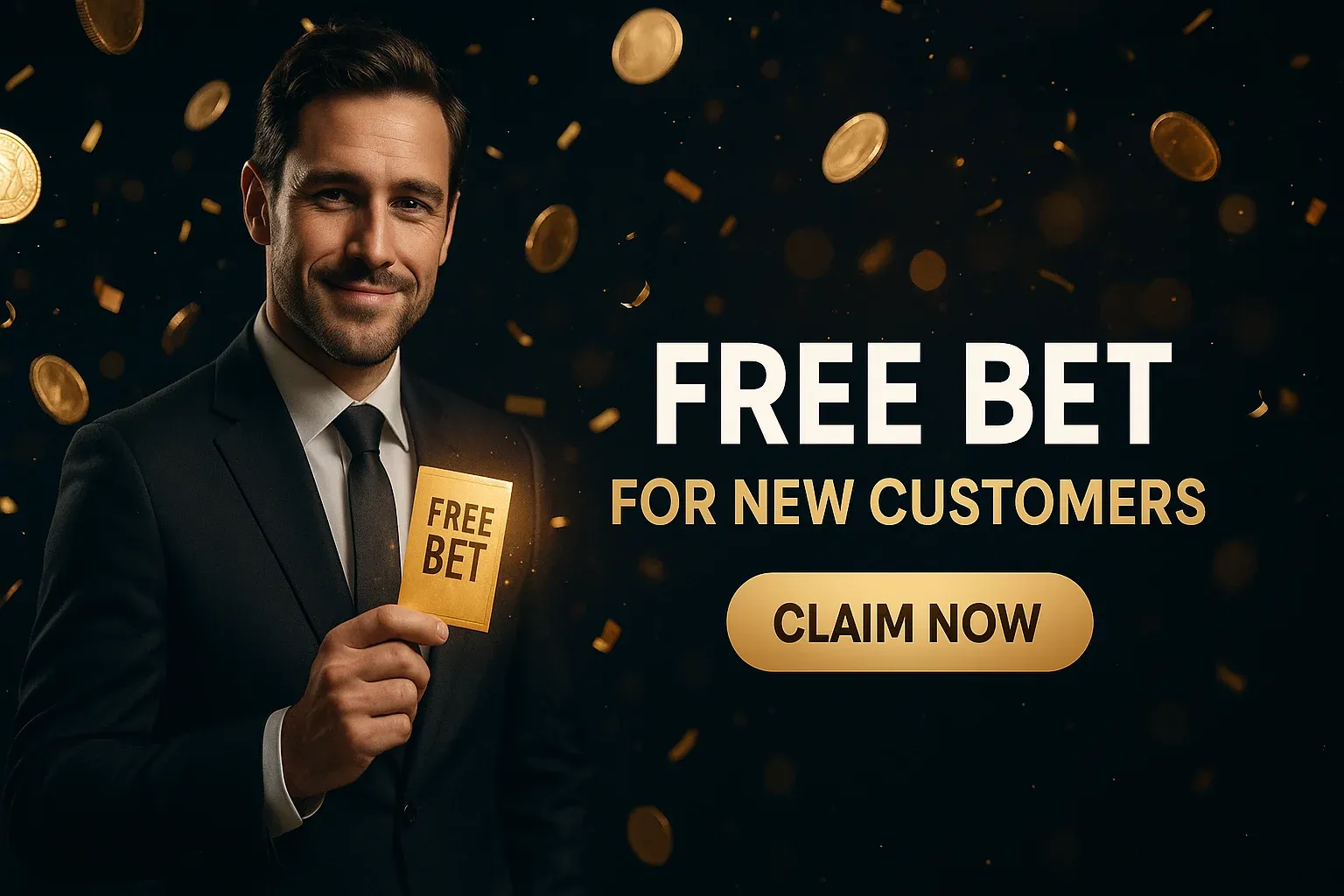 Wide sports betting banner with British man holding glowing free bet slip