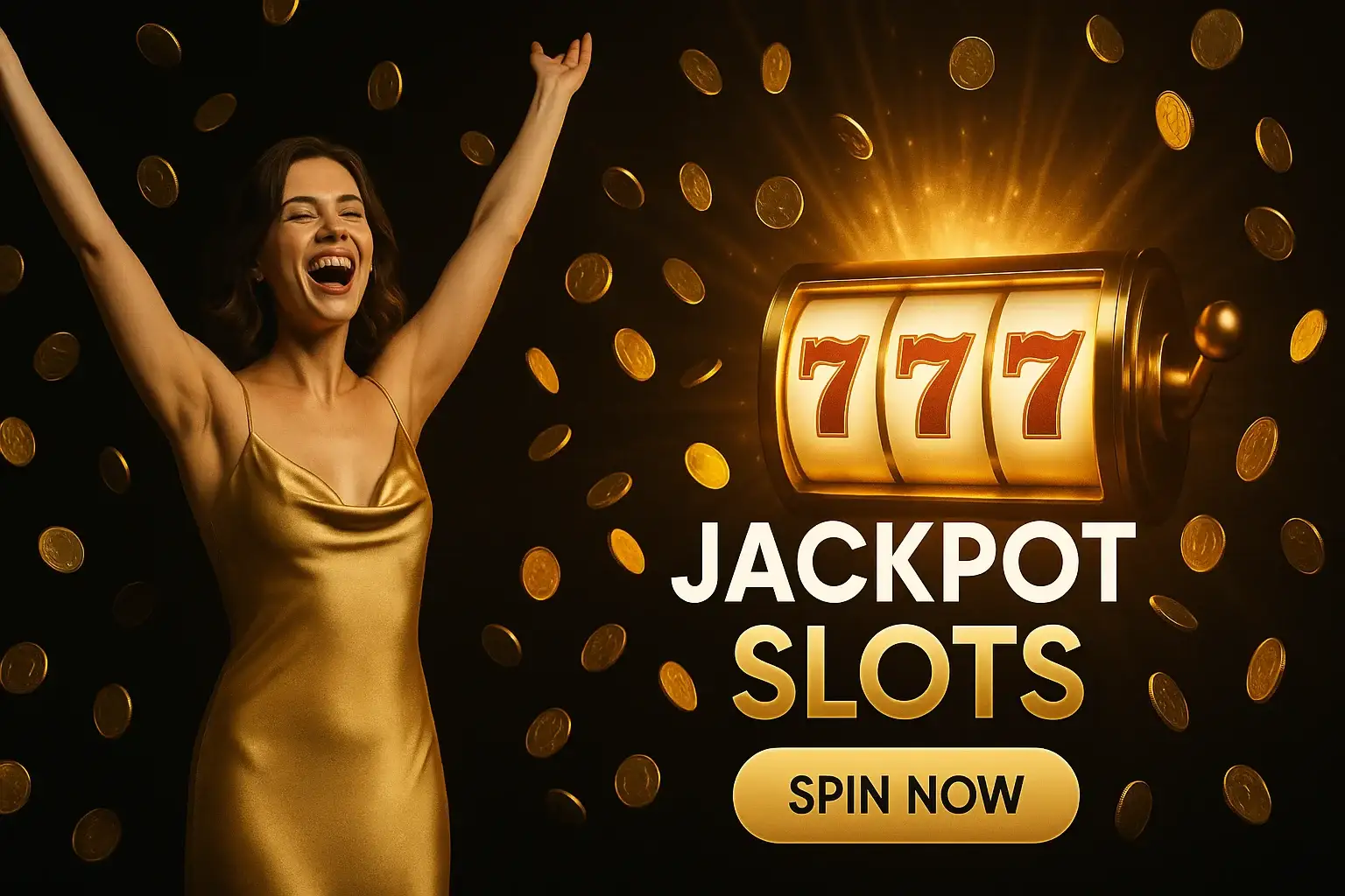 Glamorous British woman celebrating jackpot beside glowing 777 slot machine